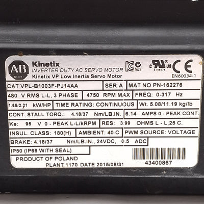 Used Allen Bradley VPL-B1003F-PJ14AA Servo Motor w/ Brake, 1.65kW, 2.21HP, 3Ø 480VAC