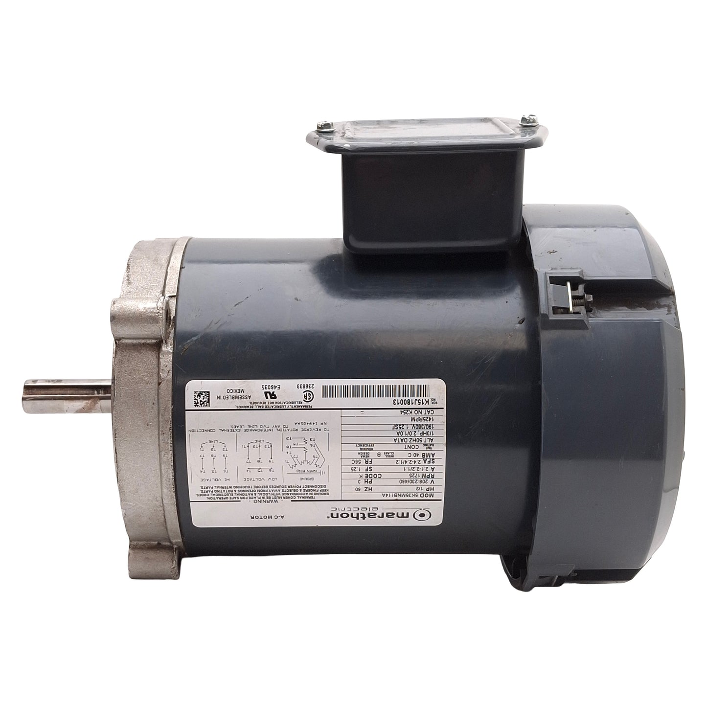 Used Marathon 5K35MNB114A AC Motor, 1/2HP, 3Ø 208-230/460VAC, 1725rpm, NEMA 56C