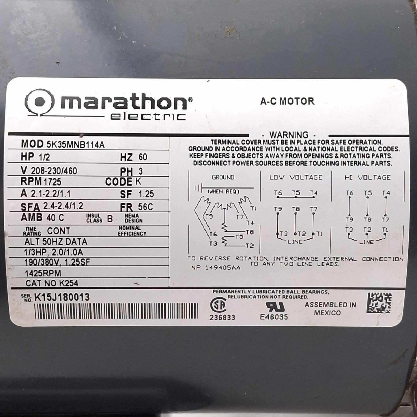 Used Marathon 5K35MNB114A AC Motor, 1/2HP, 3Ø 208-230/460VAC, 1725rpm, NEMA 56C