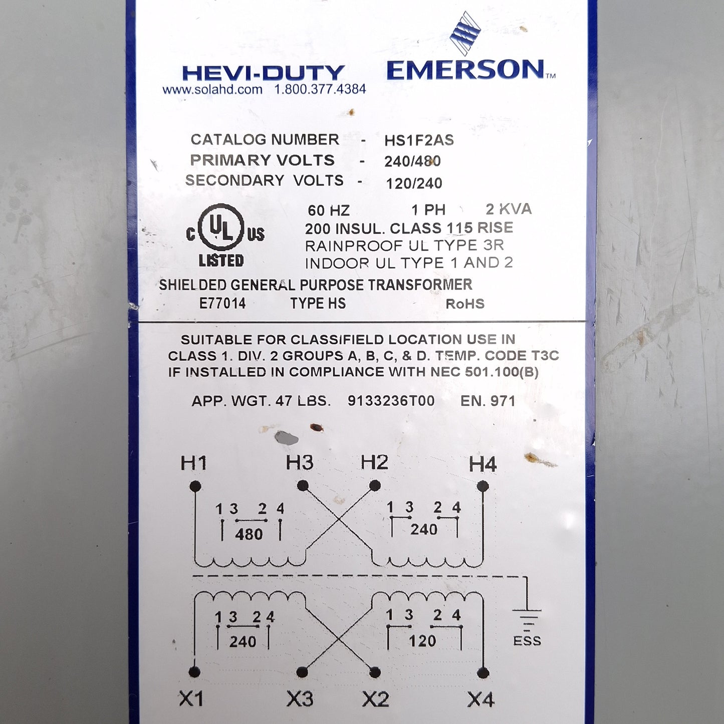Used Emerson HS1F2AS Hevi-Duty Transformer 2kVA, 240/480V Primary, 120/240V Secondary
