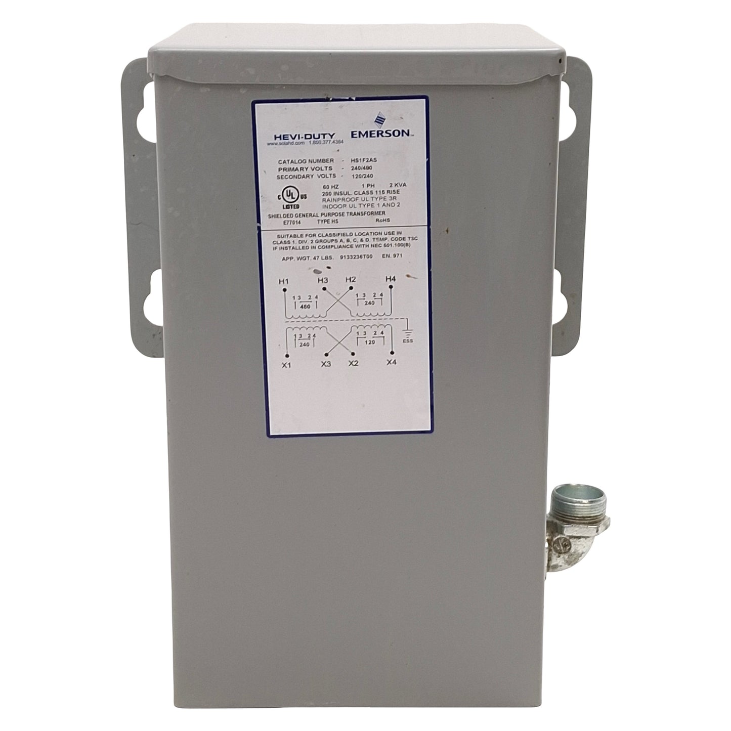 Used Emerson HS1F2AS Hevi-Duty Transformer 2kVA, 240/480V Primary, 120/240V Secondary