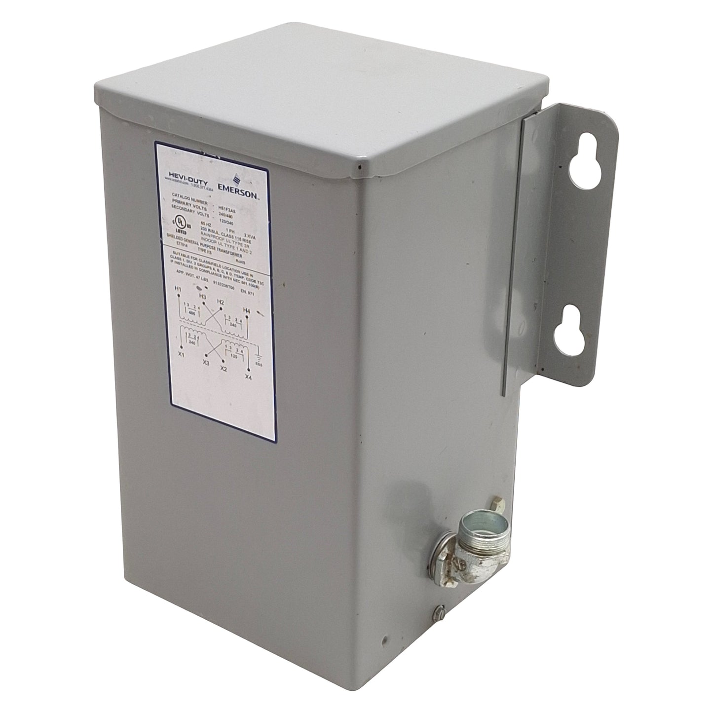 Used Emerson HS1F2AS Hevi-Duty Transformer 2kVA, 240/480V Primary, 120/240V Secondary