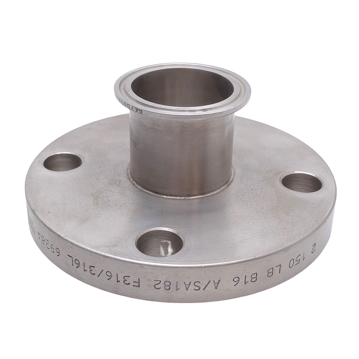 Used Viraj 2 150LB B16 A/SA182 Sanitary Flange Adapter, Bolt Flange to 2in Sanitary