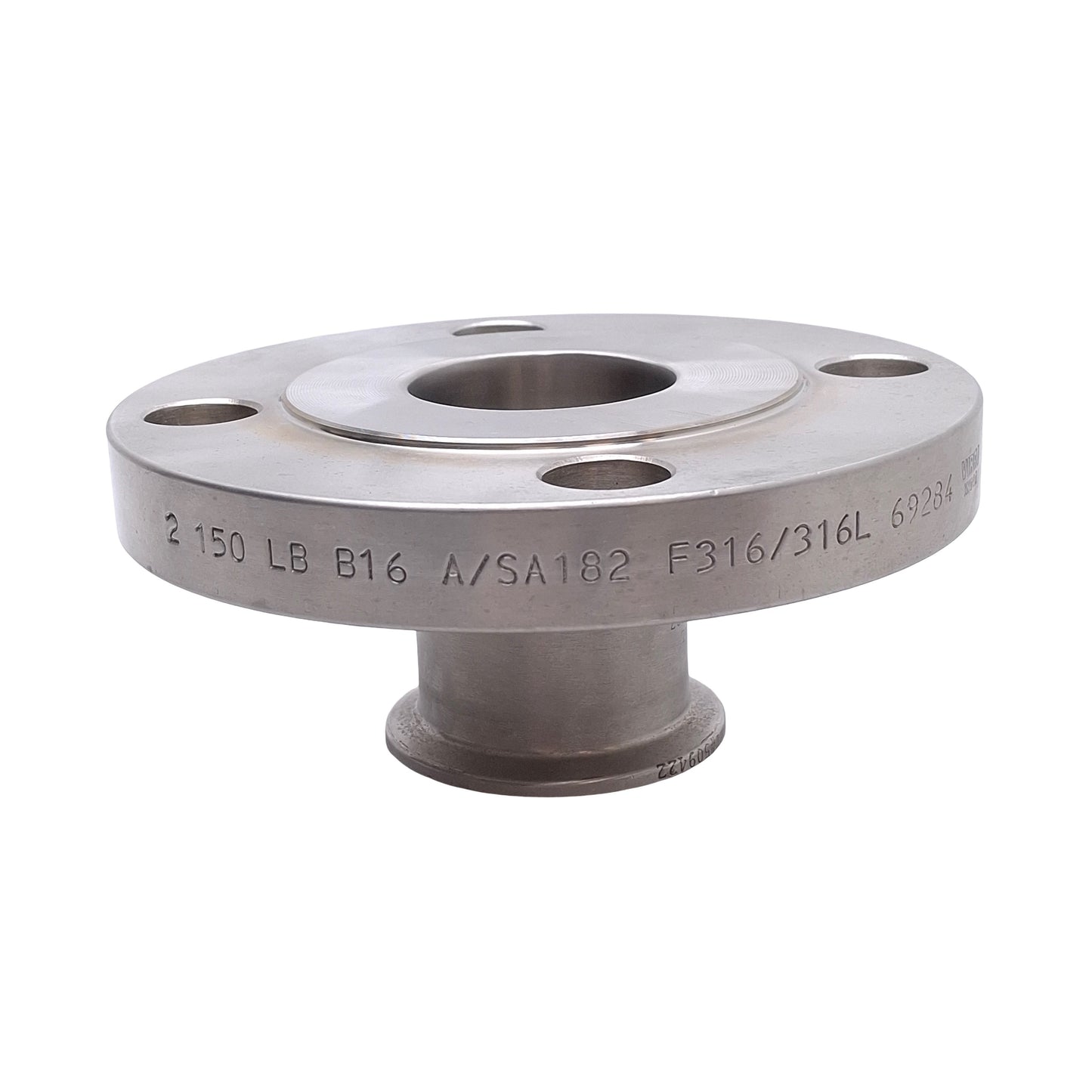 Used Viraj 2 150LB B16 A/SA182 Sanitary Flange Adapter, Bolt Flange to 2in Sanitary