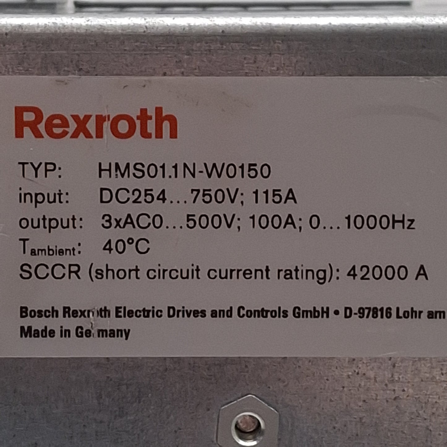 Used Rexroth HMS01.1N-W0150-A-07-NNNN IndraDrive M Inverter, 254-750VDC 115A Input