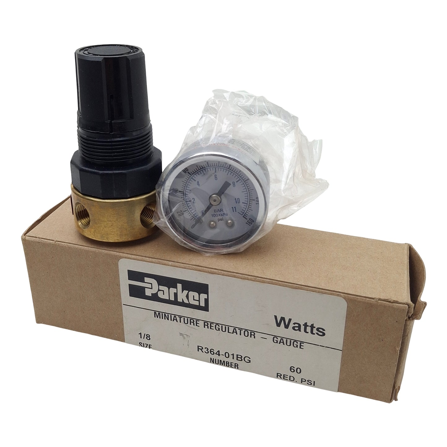 New Parker R364-01BG Miniature Pneumatic Regulator, 1/8in NPT, 0-60psi, 10SCFM