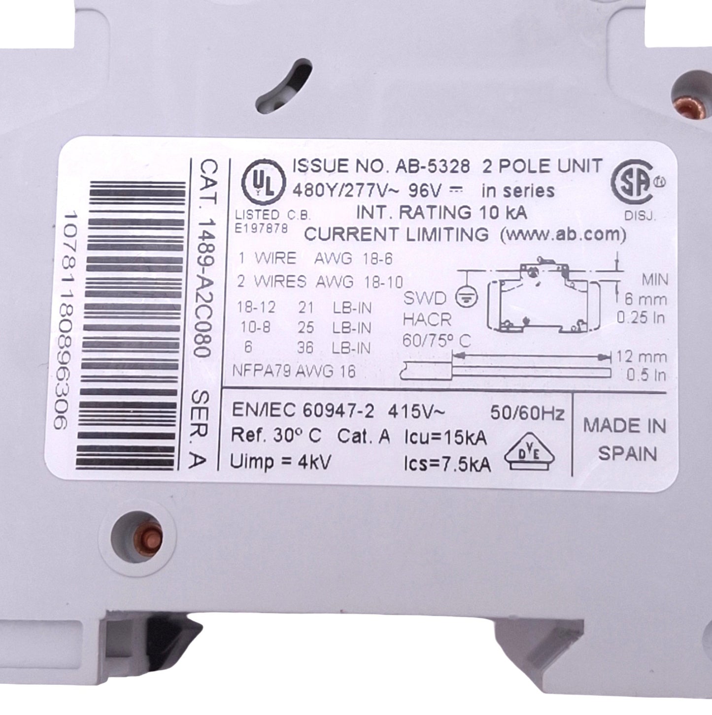 Used Allen Bradley 1489-A2C080 Circuit Breaker, 2-Pole 8A, 480Y/277VAC 48VDC Max