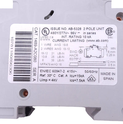 Used Allen Bradley 1489-A2C080 Circuit Breaker, 2-Pole 8A, 480Y/277VAC 48VDC Max