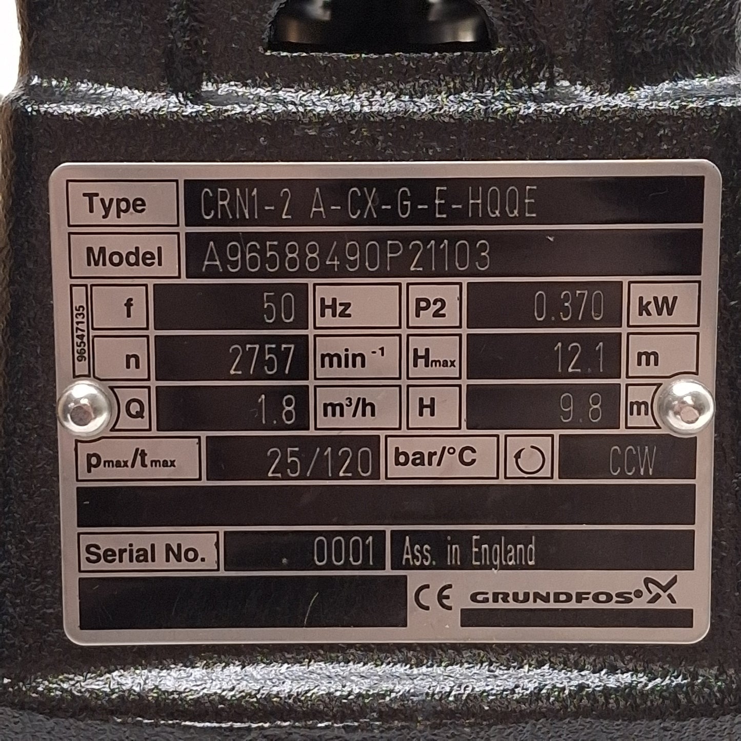 New Grundfos CRN1-2 A-CX-G-E-HQQE Vertical Centrifugal Pump, 0.37kW, 230/240VAC 50Hz