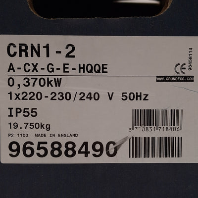 New Grundfos CRN1-2 A-CX-G-E-HQQE Vertical Centrifugal Pump, 0.37kW, 230/240VAC 50Hz
