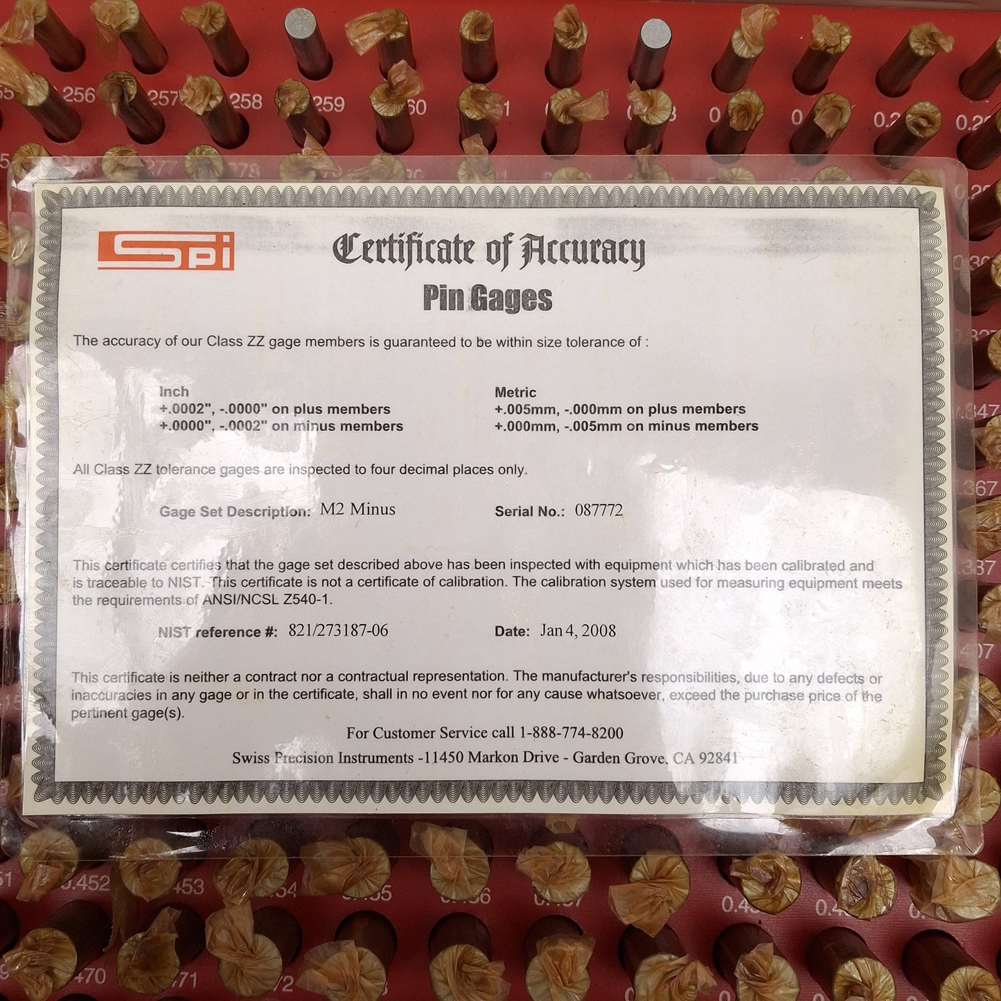 Used SPI M2 Minus 250pcs Class ZZ Pin Gages Set, ø0.251-0.500in, +0.0000 to -0.0002in