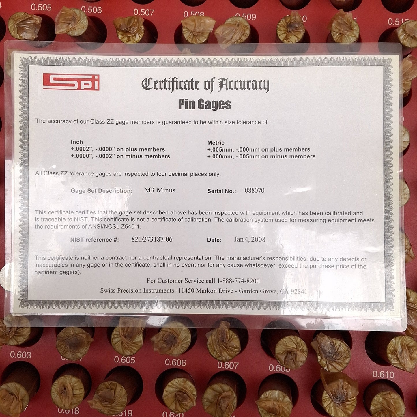 Used SPI M3 Minus 125pcs Class ZZ Pin Gages Set, ø0.501-0.625in, +0.0000 to -0.0002in