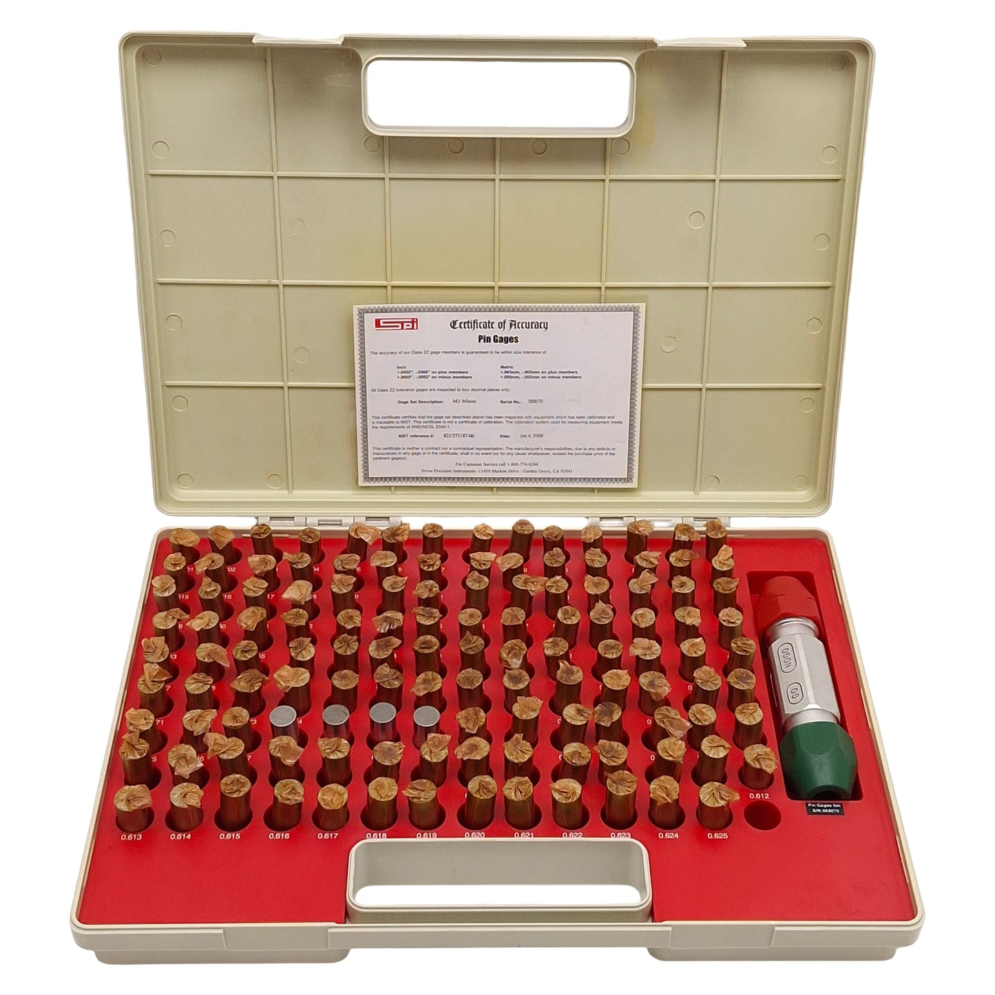 Used SPI M3 Minus 125pcs Class ZZ Pin Gages Set, ø0.501-0.625in, +0.0000 to -0.0002in