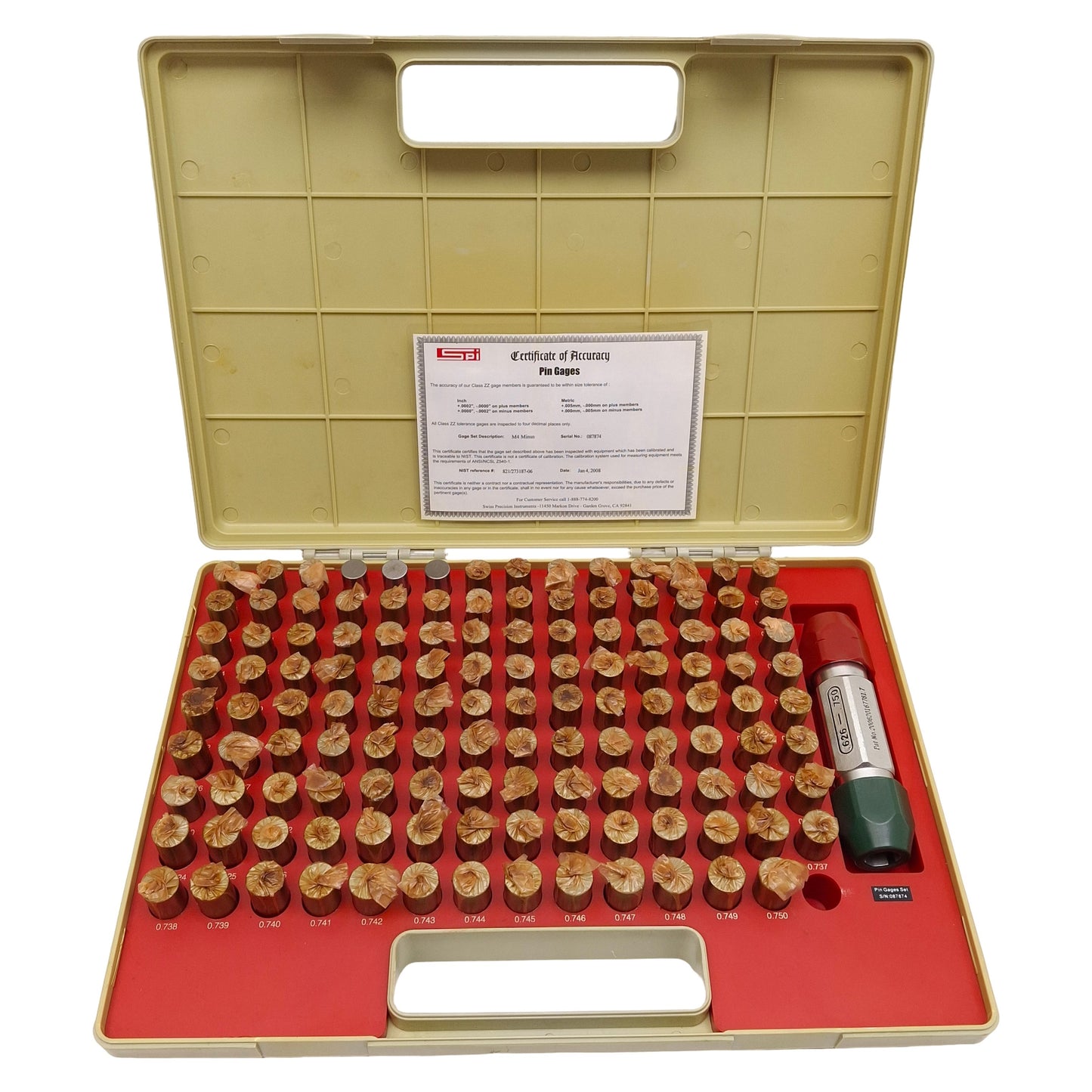 Used SPI M4 Minus 125pcs Class ZZ Pin Gages Set, ø0.626-0.750in, +0.0000 to -0.0002in