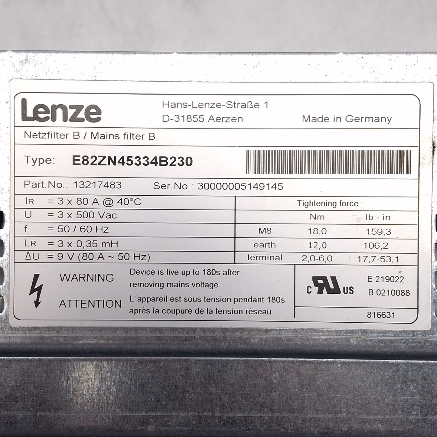 Used Lenze E82ZN45334B230 Mains Filter For 8200 Vector Drive, 45kW, 3Ø 500VAC 80A