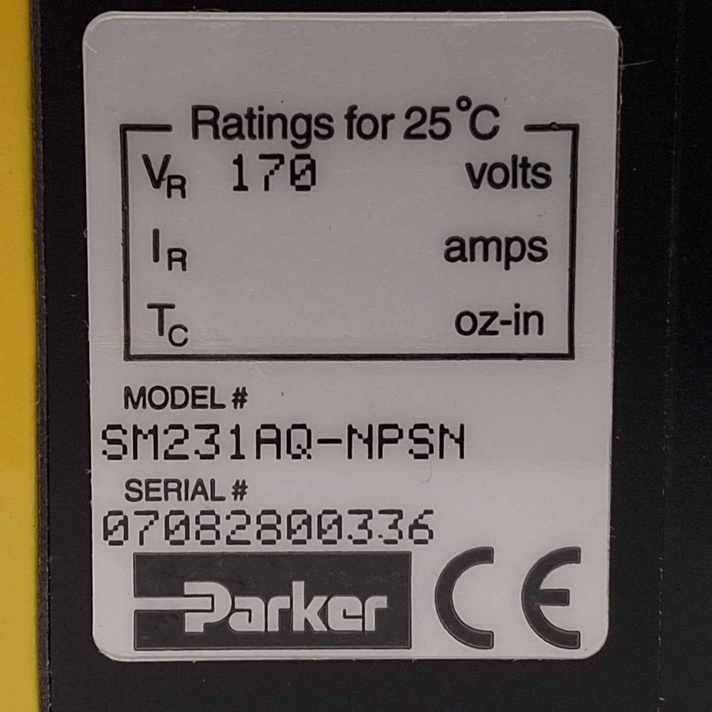 Used Parker SM231AQ-NPSN Servo Motor, 170VDC Bus, 7500rpm, ø3/8in Shaft, NEMA 23