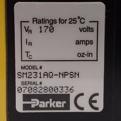 Used Parker SM231AQ-NPSN Servo Motor, 170VDC Bus, 7500rpm, ø3/8in Shaft, NEMA 23
