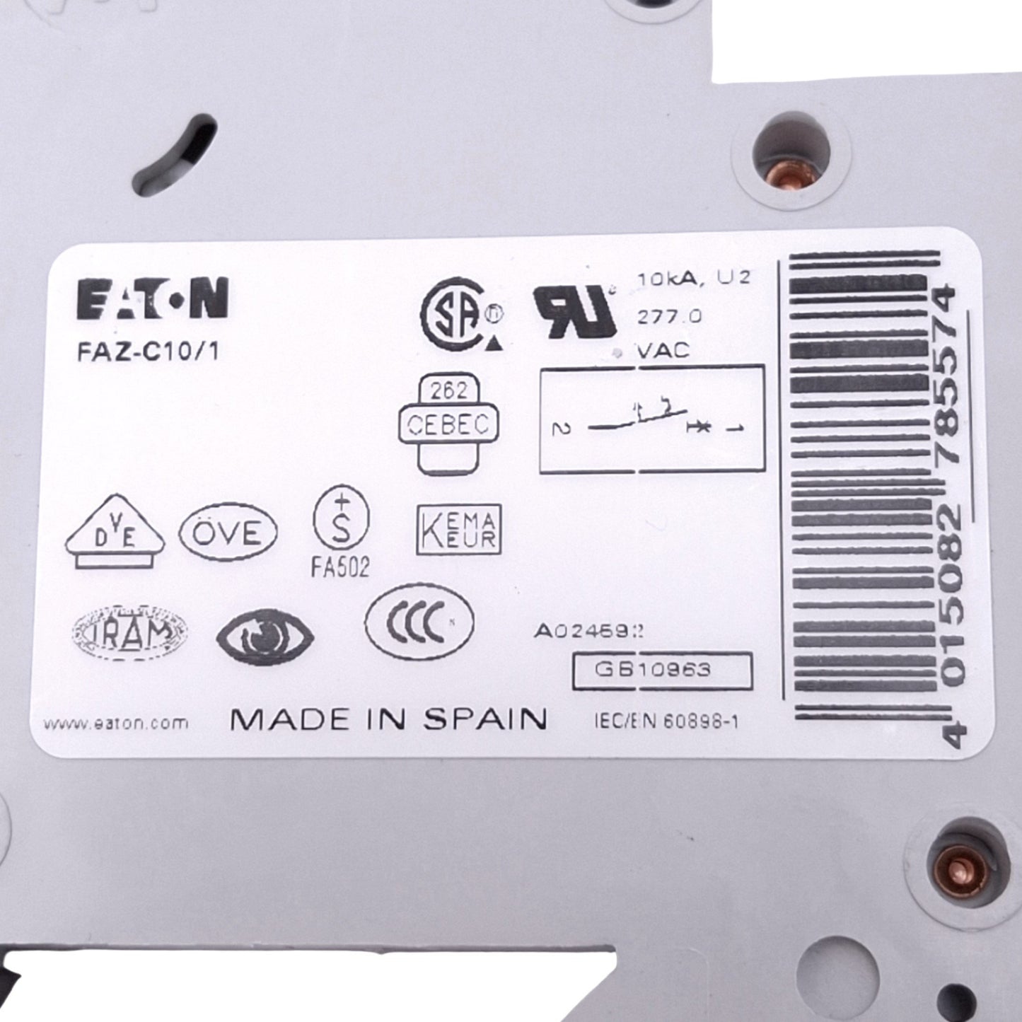 Used Eaton FAZ-C10/1 Miniature Circuit Breaker, 1-Pole 10A, 230/400VAC, DIN Rail