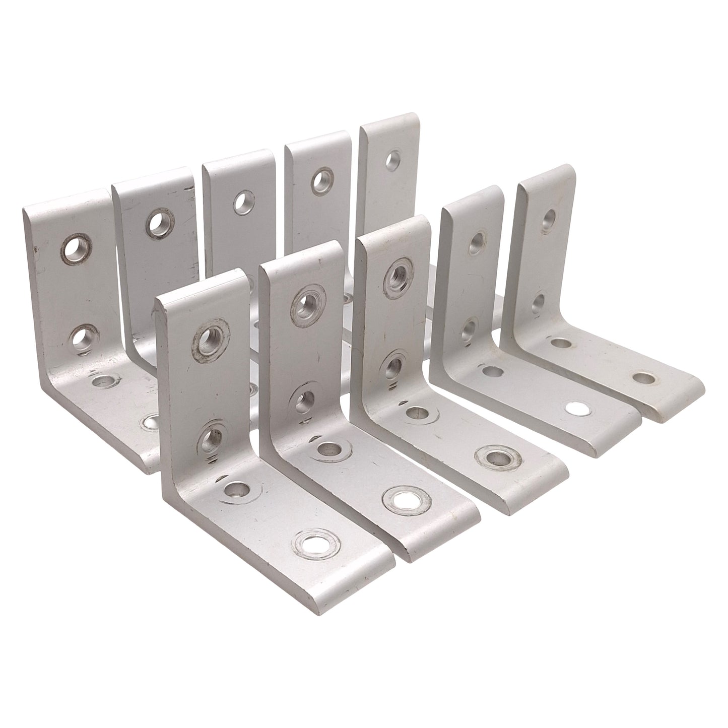 Used Lot of 10 80/20 4301 Tall Inside Corner Bracket, 4-Hole, 15-Series, 3x3x1.31in