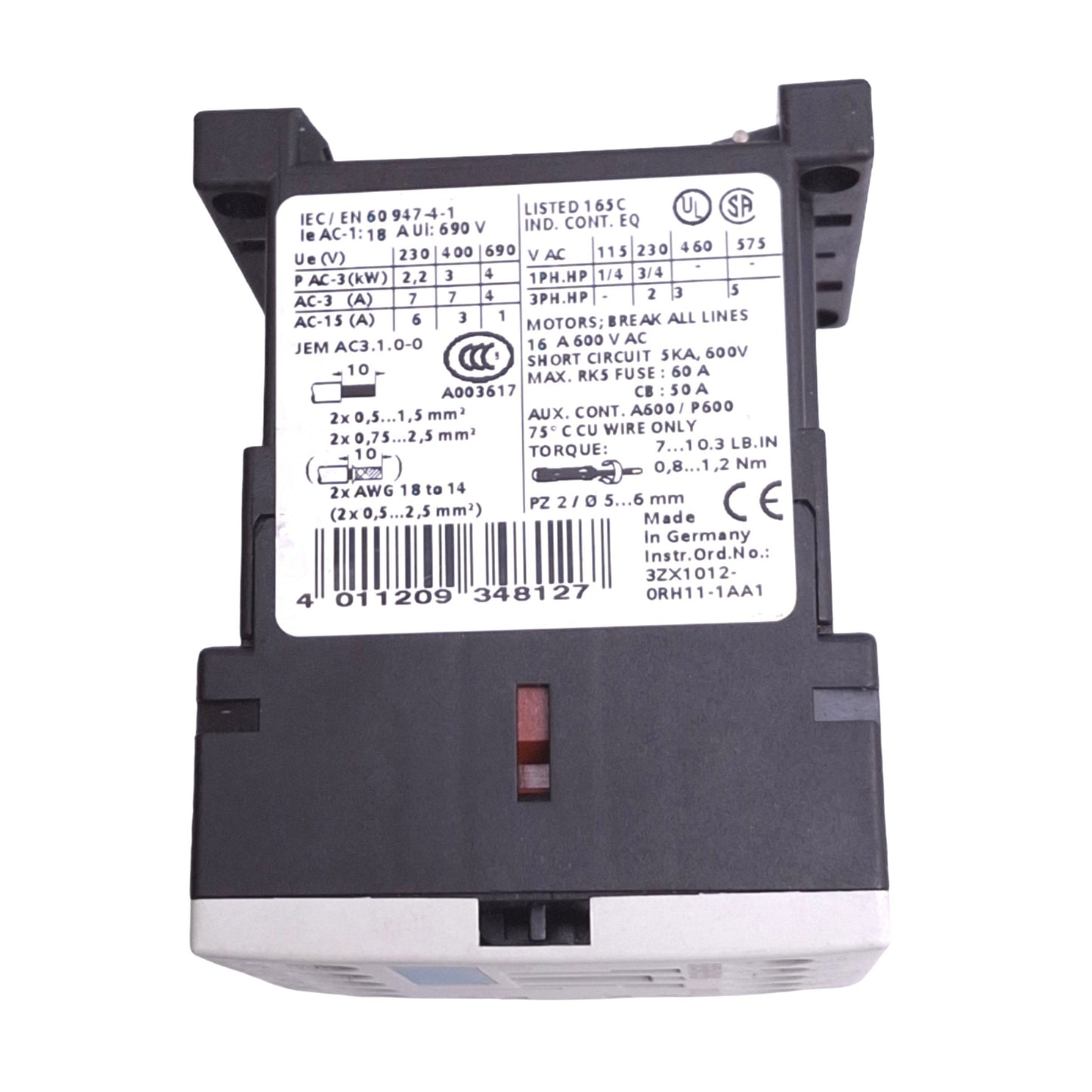 Used Siemens 3RT1015-1AK62 SIRIUS Contactor, 3-Pole NO, 1NC Aux, 18A Max, 120VAC Coil