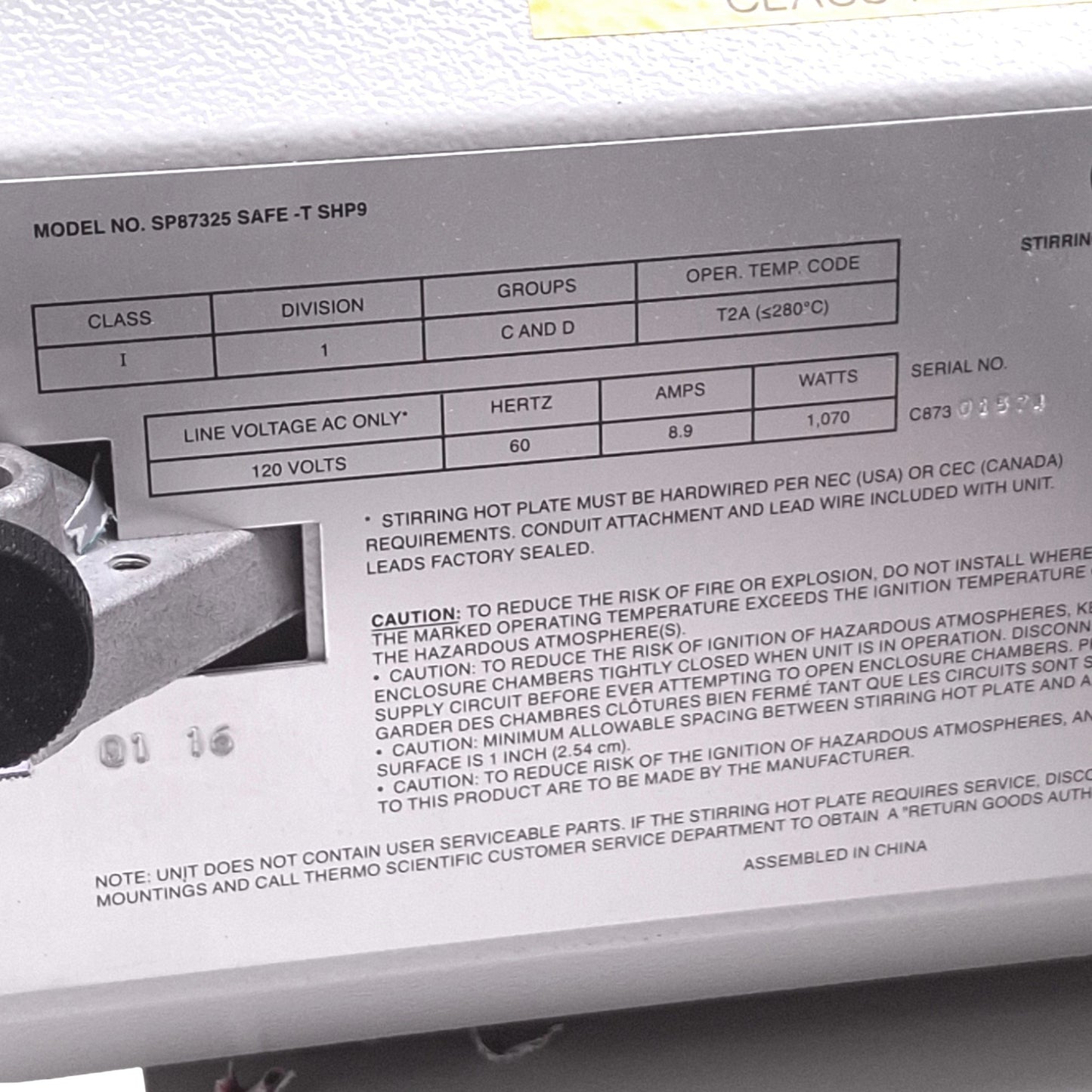 Used Thermo Scientific SP87325 SAFE-T SHP9 Explosion Proof Stirrer, 1200RPM 220C 120V