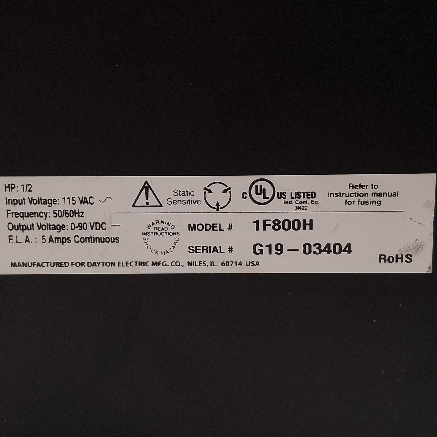 Used Dayton 1F800 / 1F800H DC Motor & Controller, 1/2HP 90VDC, 1750rpm, 56C Frame