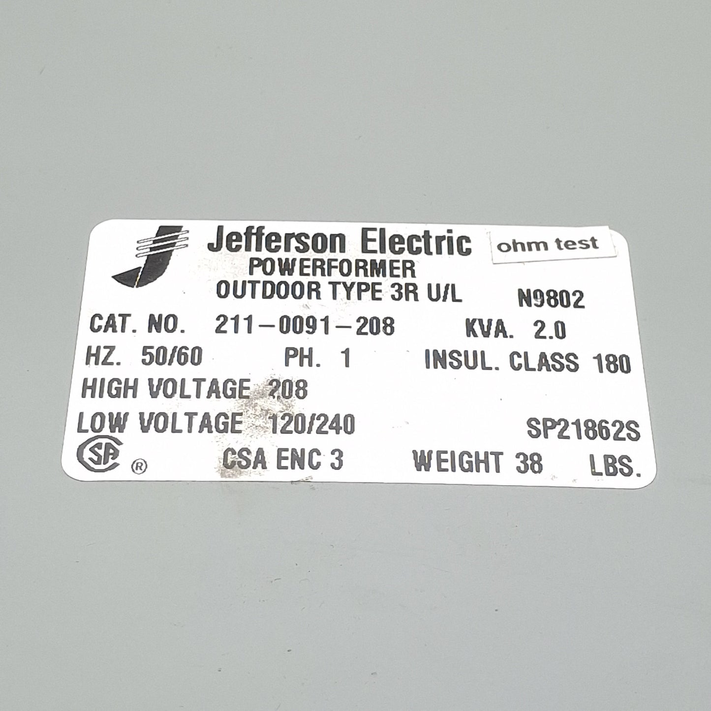 Used Jefferson 211-0091-208 Powerformer Transformer, 1PH 2kVA 208V High, 120/240V Low