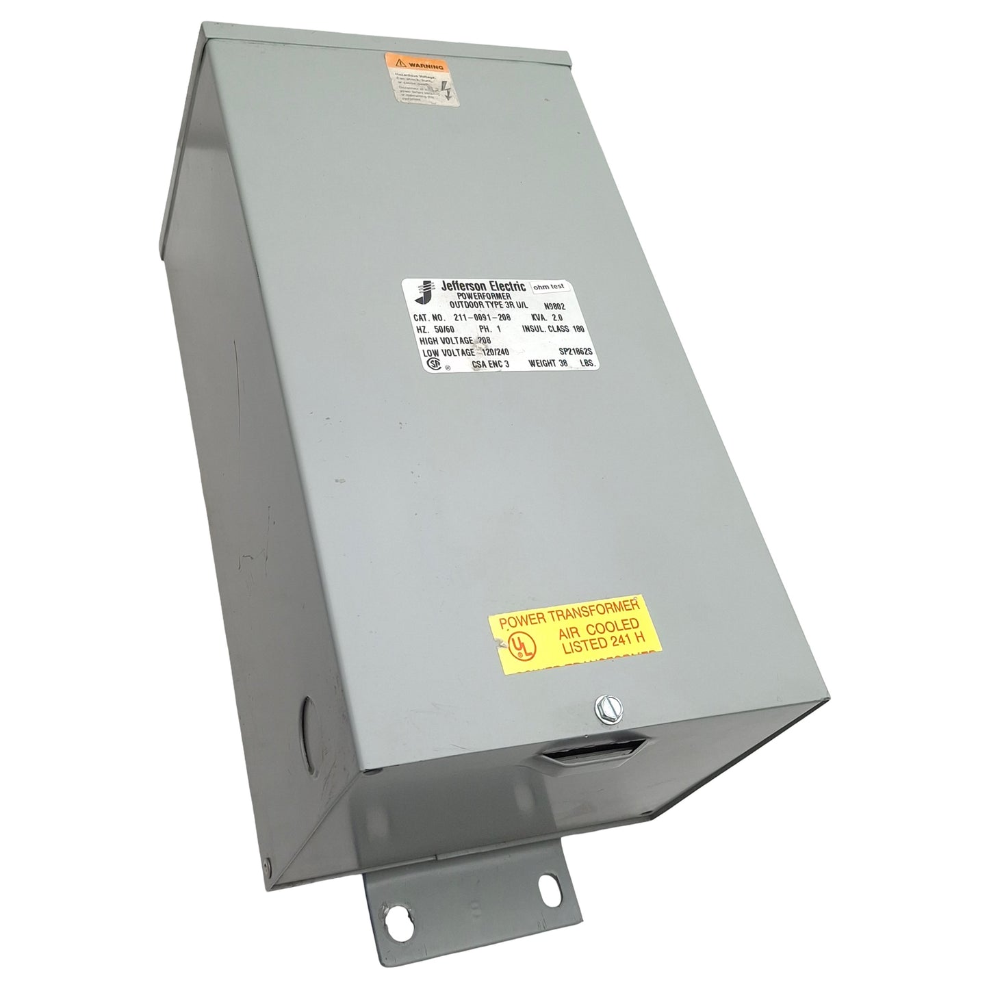 Used Jefferson 211-0091-208 Powerformer Transformer, 1PH 2kVA 208V High, 120/240V Low