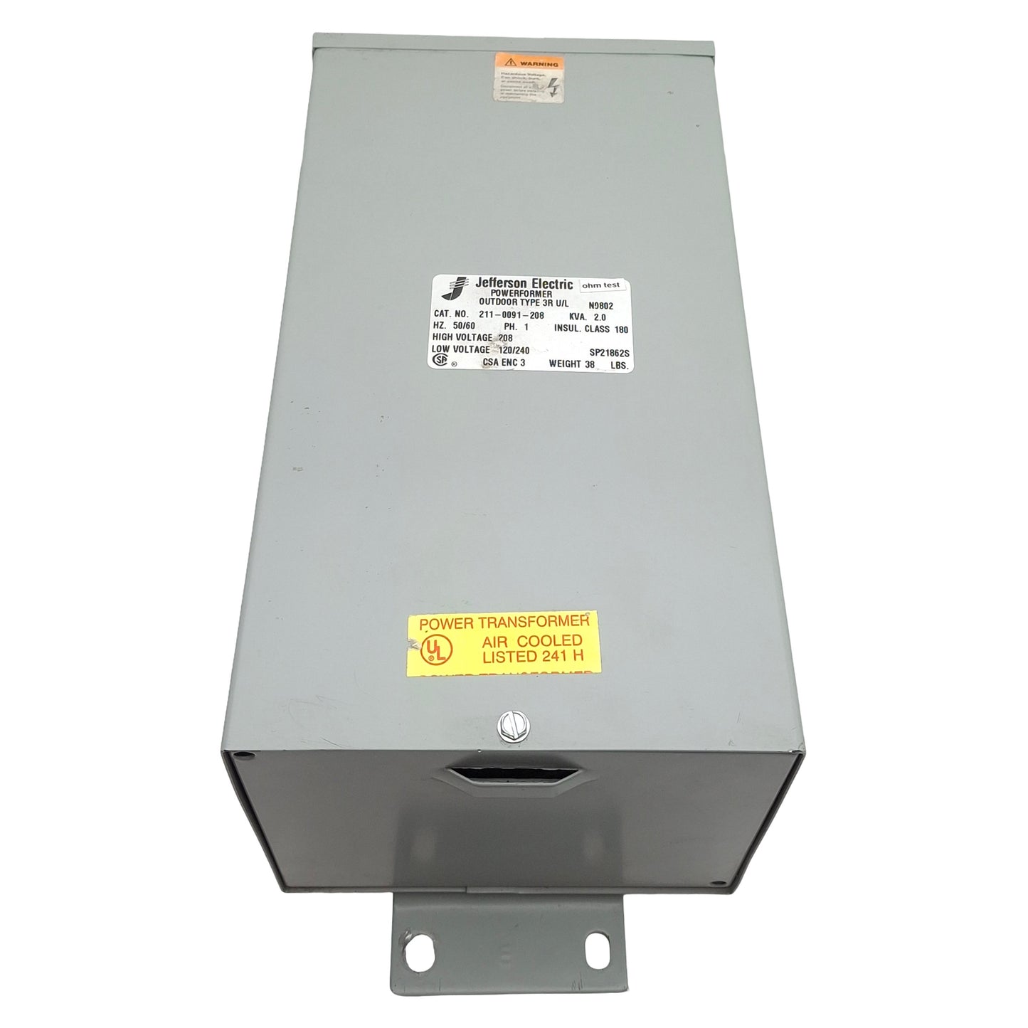 Used Jefferson 211-0091-208 Powerformer Transformer, 1PH 2kVA 208V High, 120/240V Low