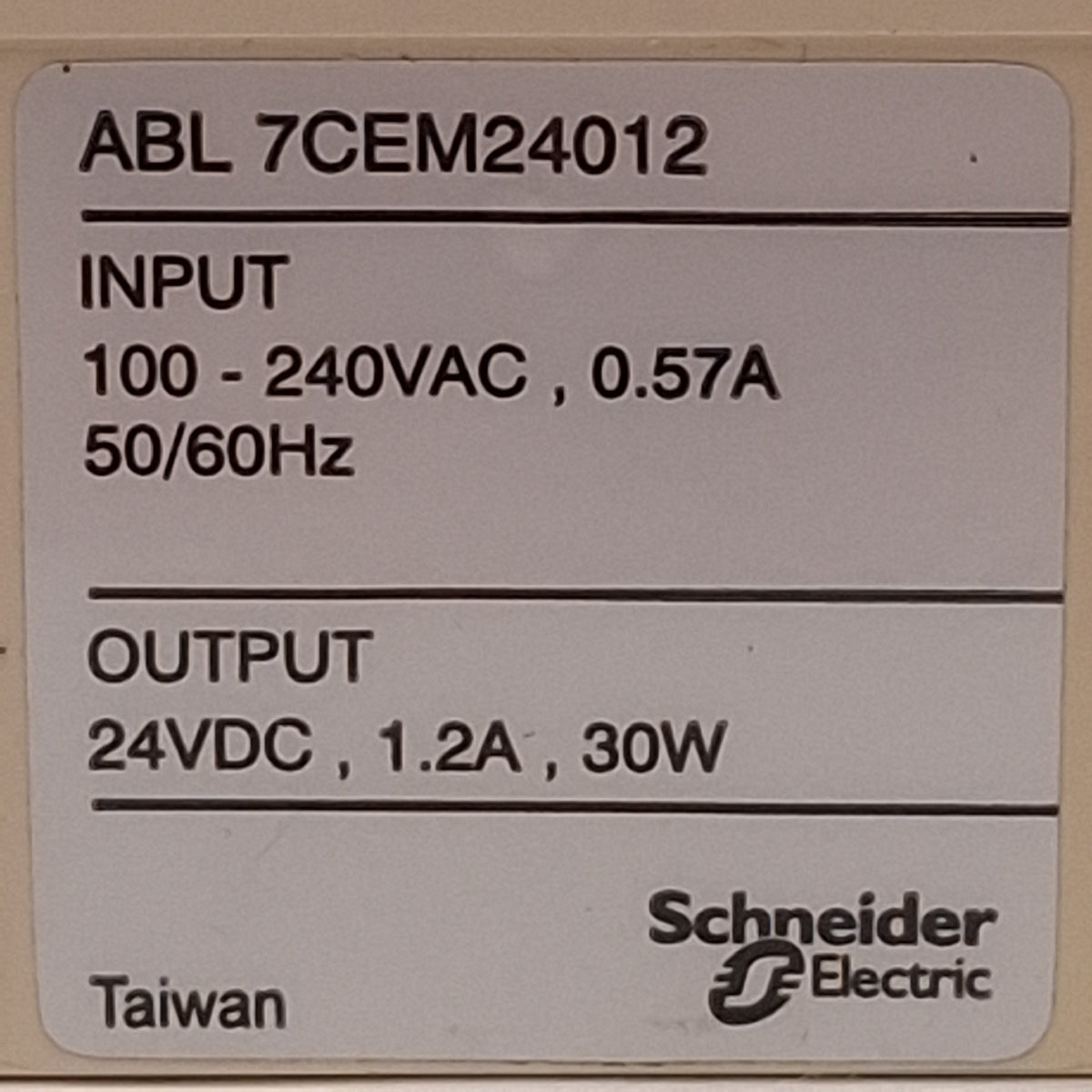 Used Telemecanique ABL7CEM24012 PLC Power Supply, 30W, 100-240VAC Input, 24VDC Output