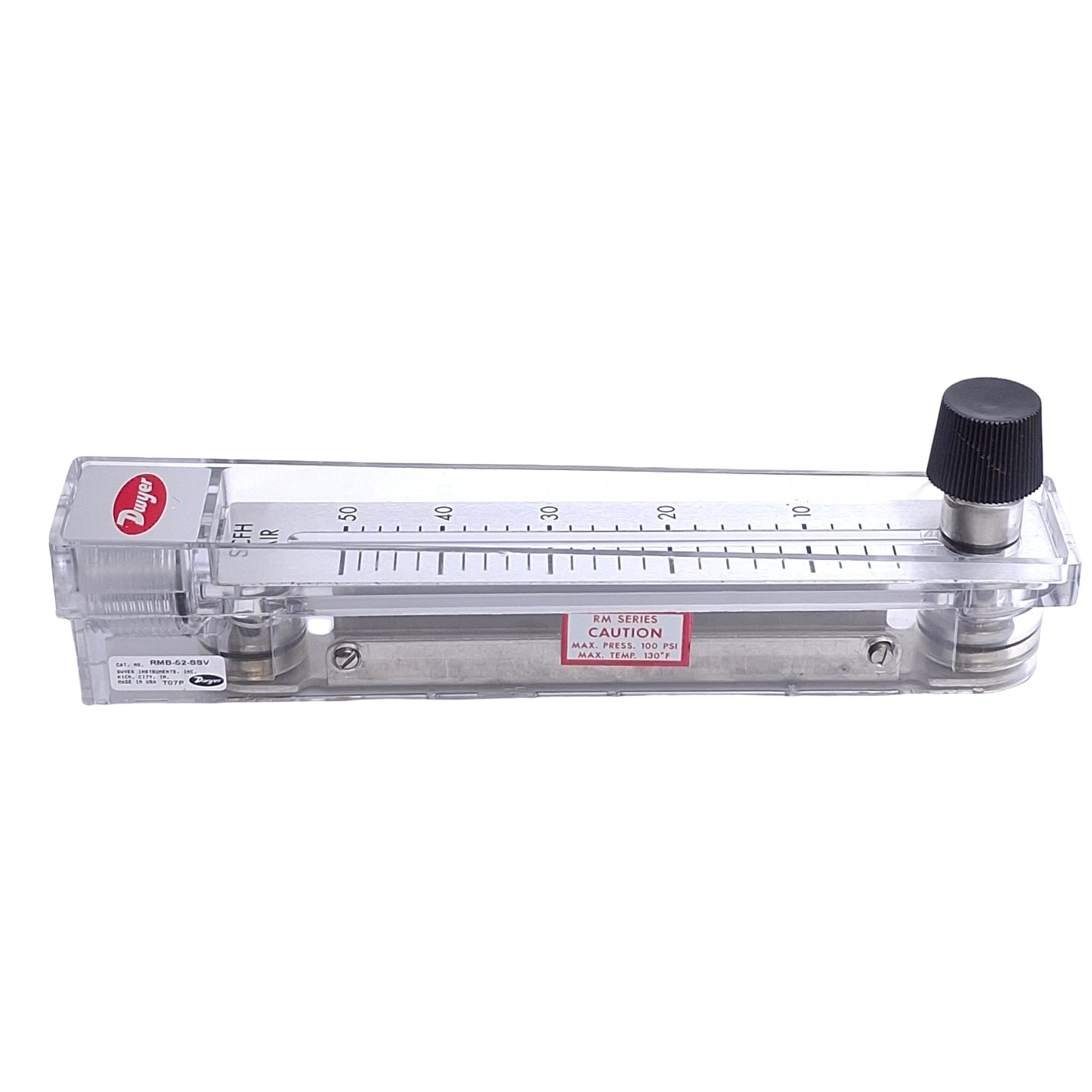 Used Dwyer RMB-52-SSV Air Flow Meter, Scale: 5" Range: 4-50 SCFH, Ports: 1/4" NPT