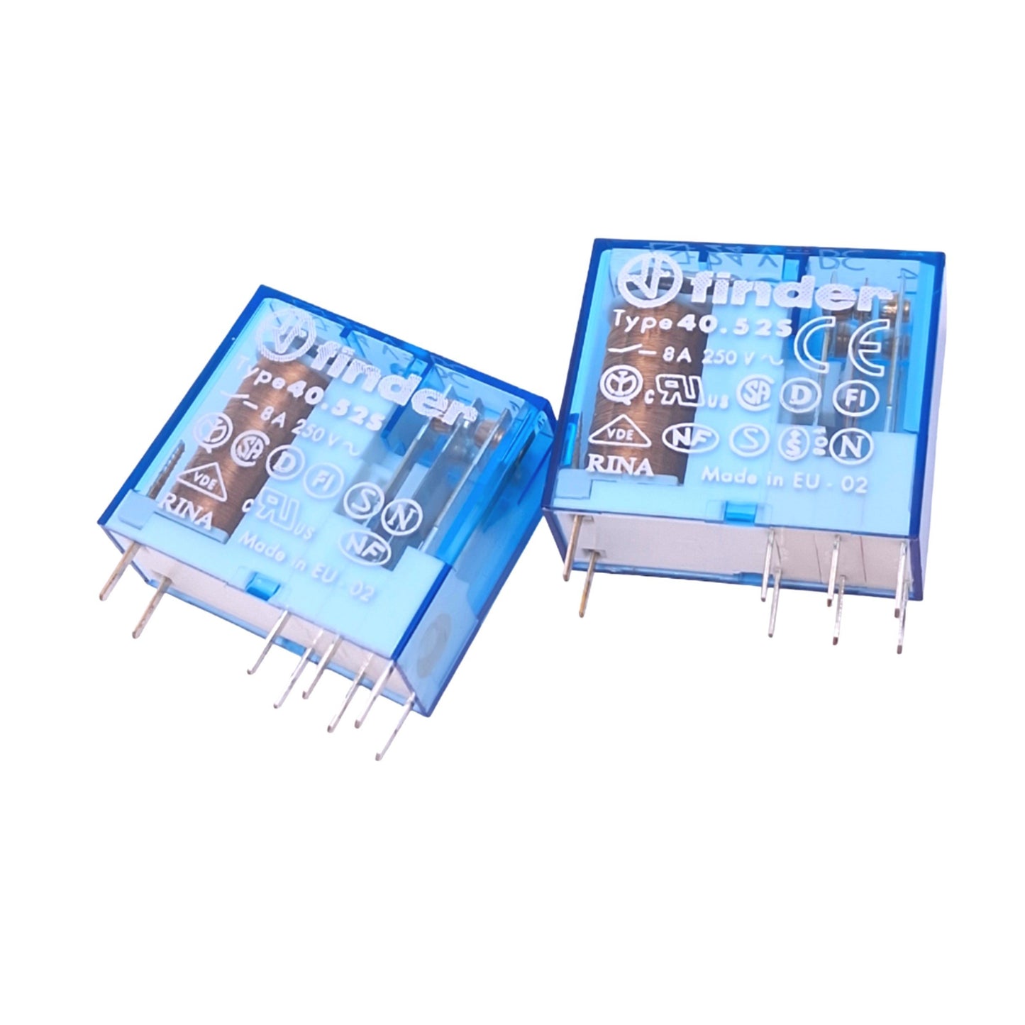 New Lot of 2 Finder 40.525 Plug-In Relays, 8-Pin, 8A 250VAC Max, 24VDC Coil