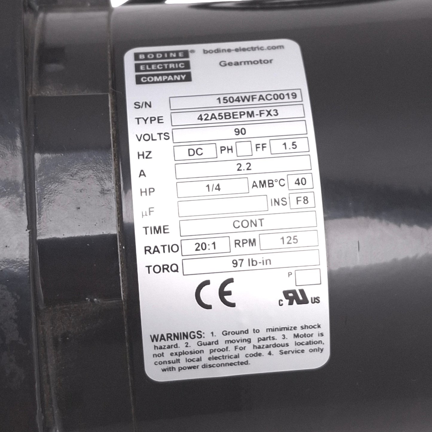 Used Bodine 42A5BEPM-FX3 Gearmotor, 20:1, 1/4hp, 90VDC 2.2A, 125rpm 97lb-in Max