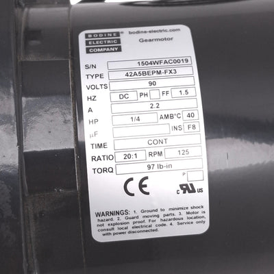 Used Bodine 42A5BEPM-FX3 Gearmotor, 20:1, 1/4hp, 90VDC 2.2A, 125rpm 97lb-in Max