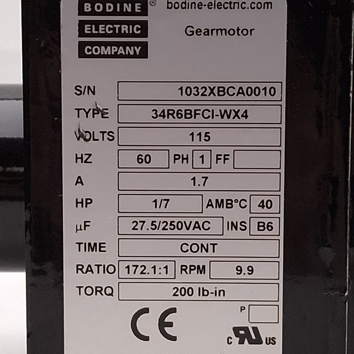 Used Bodine 34R6BFCI-WX4 AC Gearmotor, 1/7HP, 172.1:1, ø5/8in Shaft, 9.9rpm, 115VAC