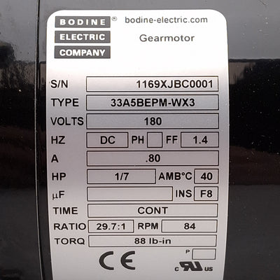 New Bodine 33A5BEPM-WX3 DC Gearmotor, 29.7:1, 1/7HP, 180VDC, ø5/8in Shaft, 84rpm