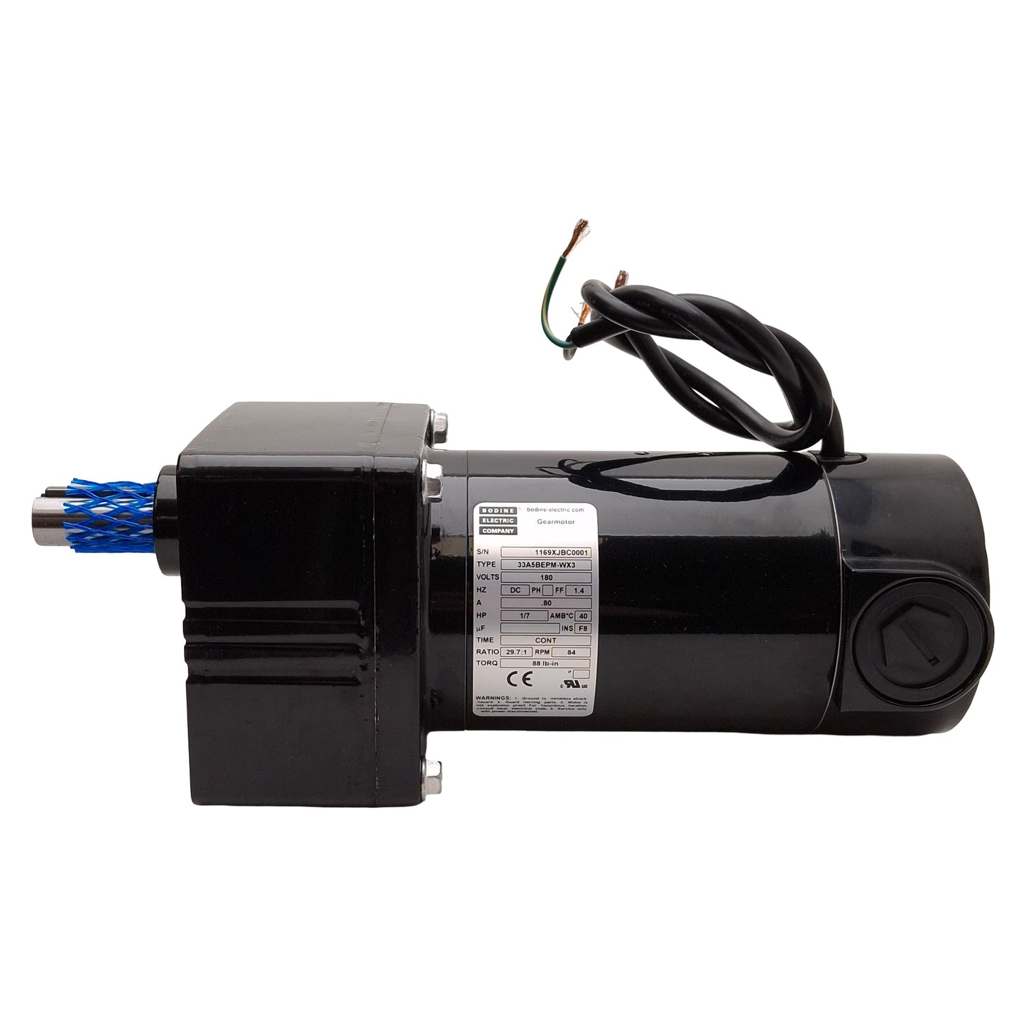 New Bodine 33A5BEPM-WX3 DC Gearmotor, 29.7:1, 1/7HP, 180VDC, ø5/8in Shaft, 84rpm