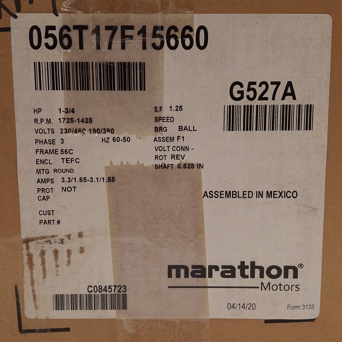 New Marathon 56T17F15660A G527A AC Motor, 1HP/0.75kW, 3Ø 230/460VAC, 1725rpm, 56C