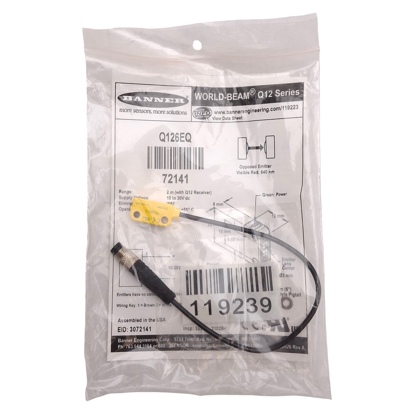 New Banner Q126EQ 72141 WORLD-BEAM Q12 Emitter, 2m Range, M8 4-Pin Male, 10-30VDC