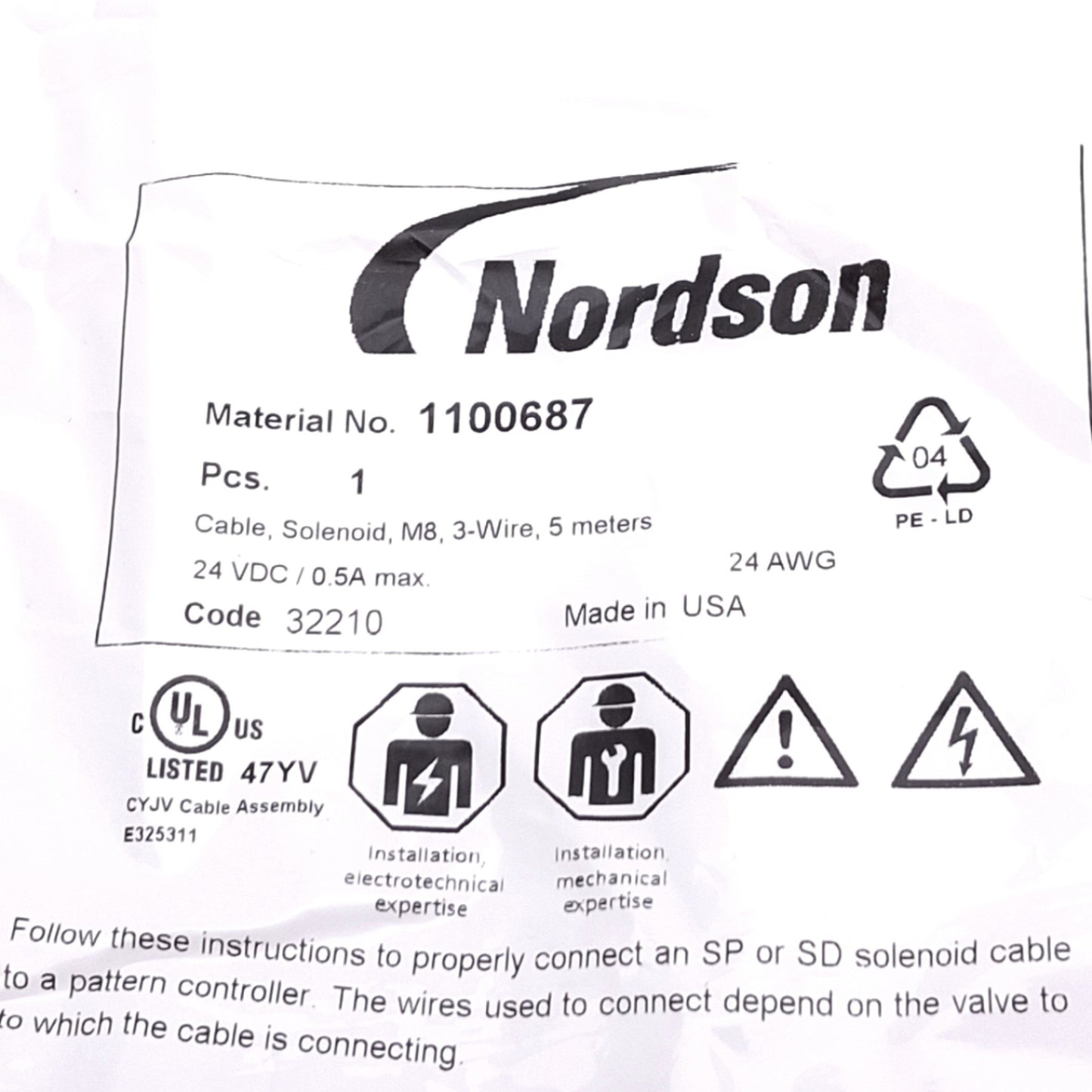 New Nordson 1100687 Cable for Solenoid Valve, M8 3-Pin, 5m Length, 24V 0.5A Max
