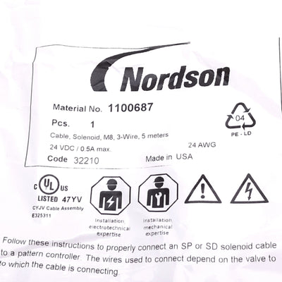 New Nordson 1100687 Cable for Solenoid Valve, M8 3-Pin, 5m Length, 24V 0.5A Max