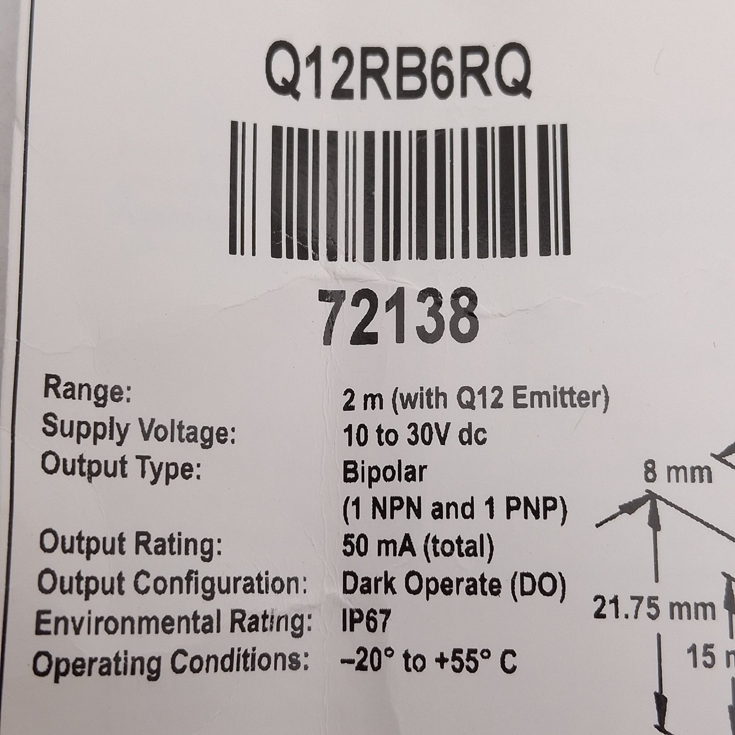 New Banner Q12RB6RQ 72138 WORLD-BEAM Q12 Receiver, 2m Range, M8 4-Pin Male, 10-30VDC