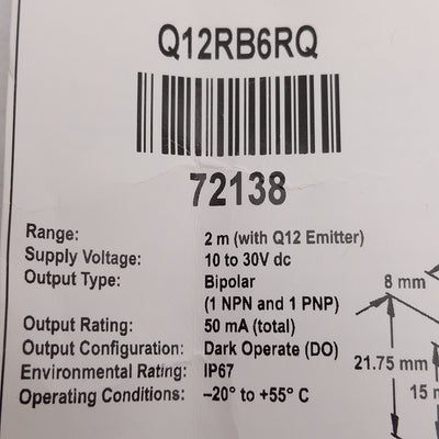 New Banner Q12RB6RQ 72138 WORLD-BEAM Q12 Receiver, 2m Range, M8 4-Pin Male, 10-30VDC