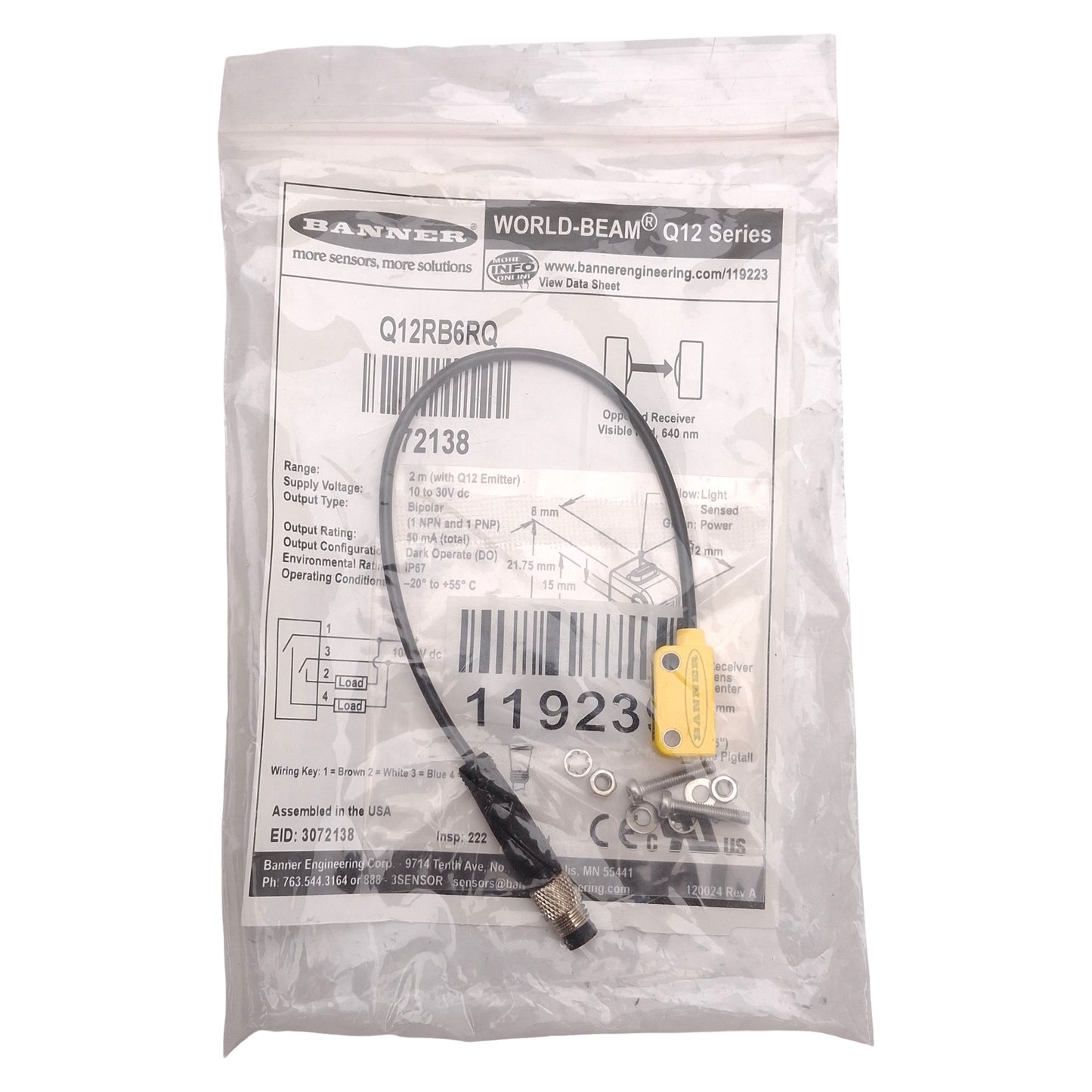 New Banner Q12RB6RQ 72138 WORLD-BEAM Q12 Receiver, 2m Range, M8 4-Pin Male, 10-30VDC