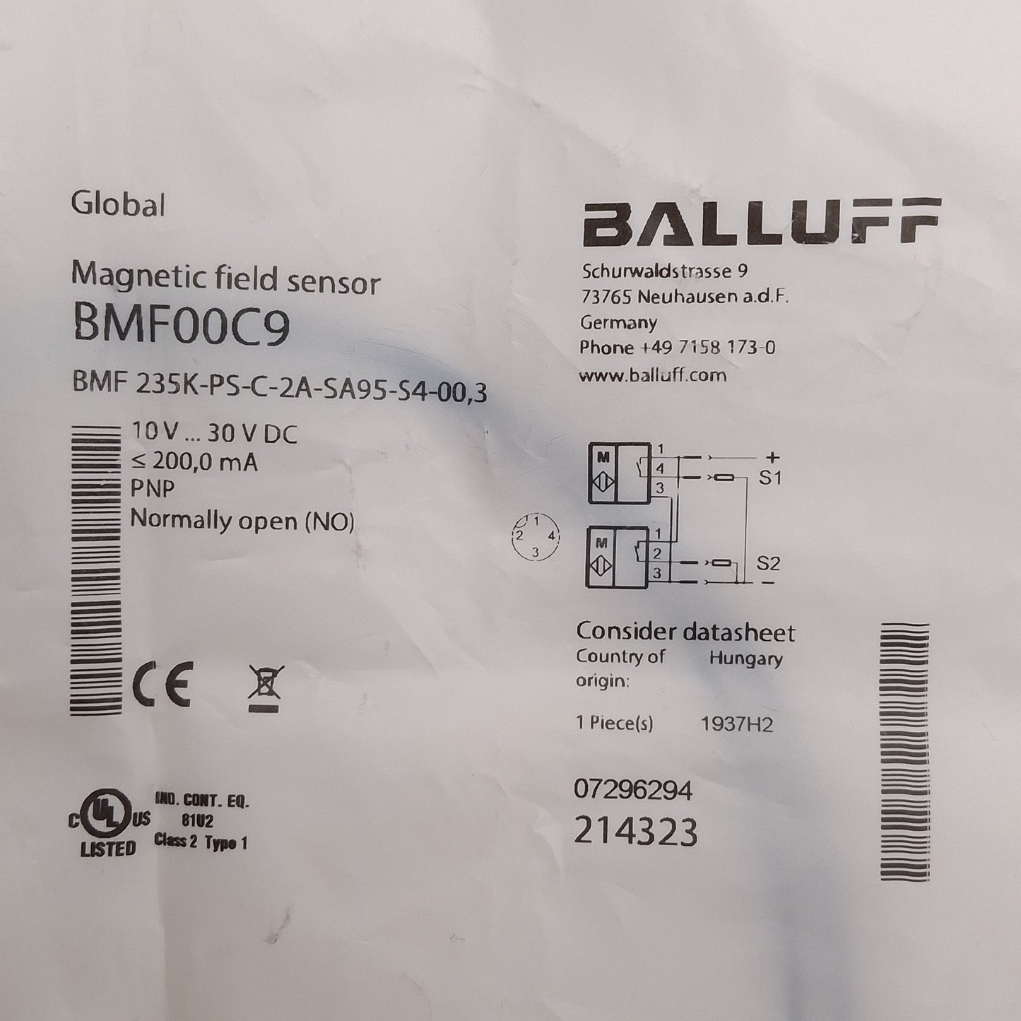 New Balluff BMF00C9 T-Slot Magnetic Field Sensor, 2-Head, PNP NO, 10-30VDC M12 4-Pin