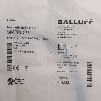 New Balluff BMF00C9 T-Slot Magnetic Field Sensor, 2-Head, PNP NO, 10-30VDC M12 4-Pin