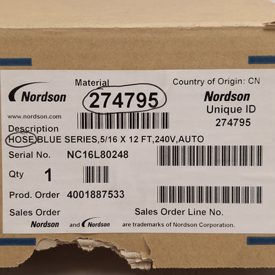 New Nordson 274795 Blue Series Hot Melt Hydraulic Hose 376W 240VAC ø5/16in ID x 12ft