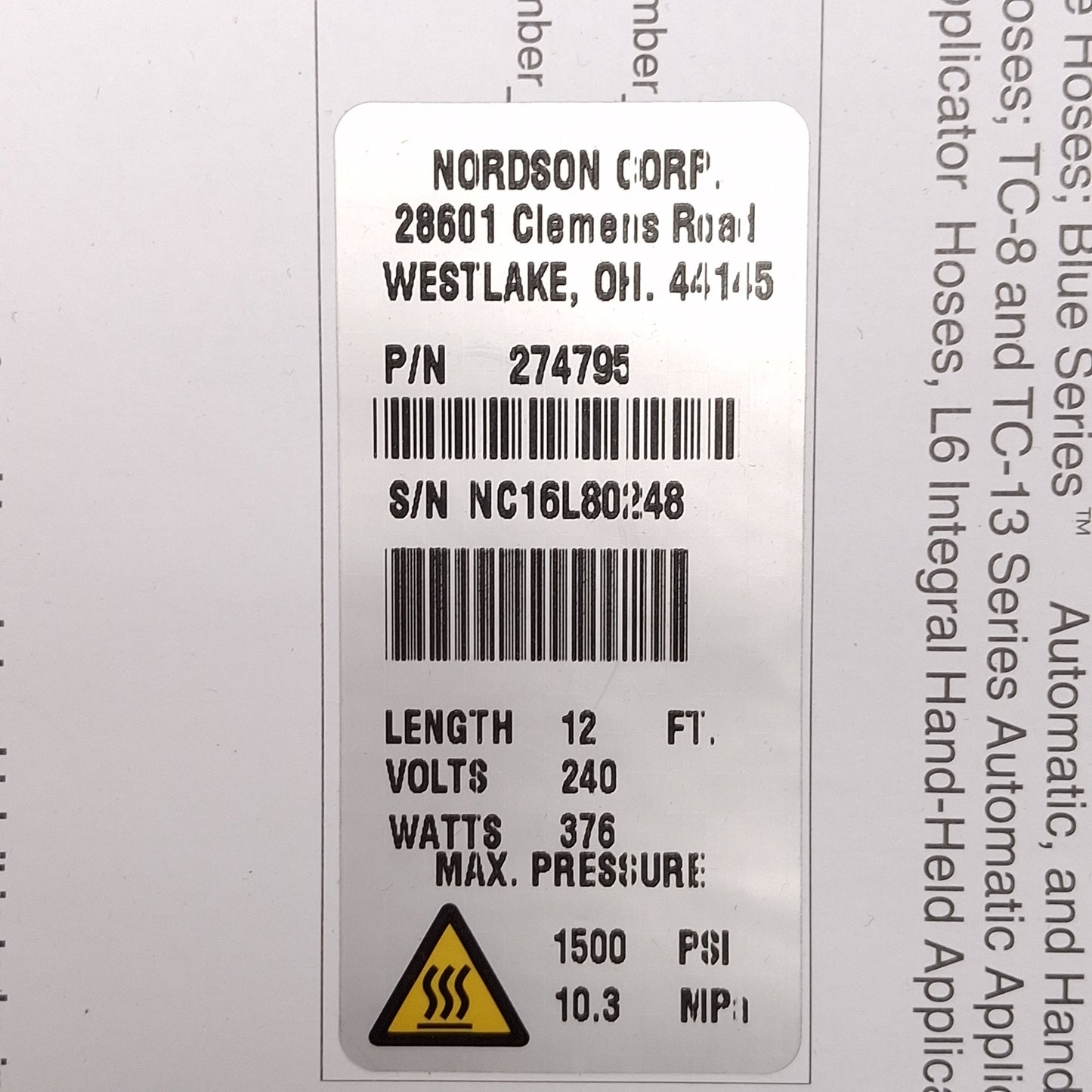 New Nordson 274795 Blue Series Hot Melt Hydraulic Hose 376W 240VAC ø5/16in ID x 12ft