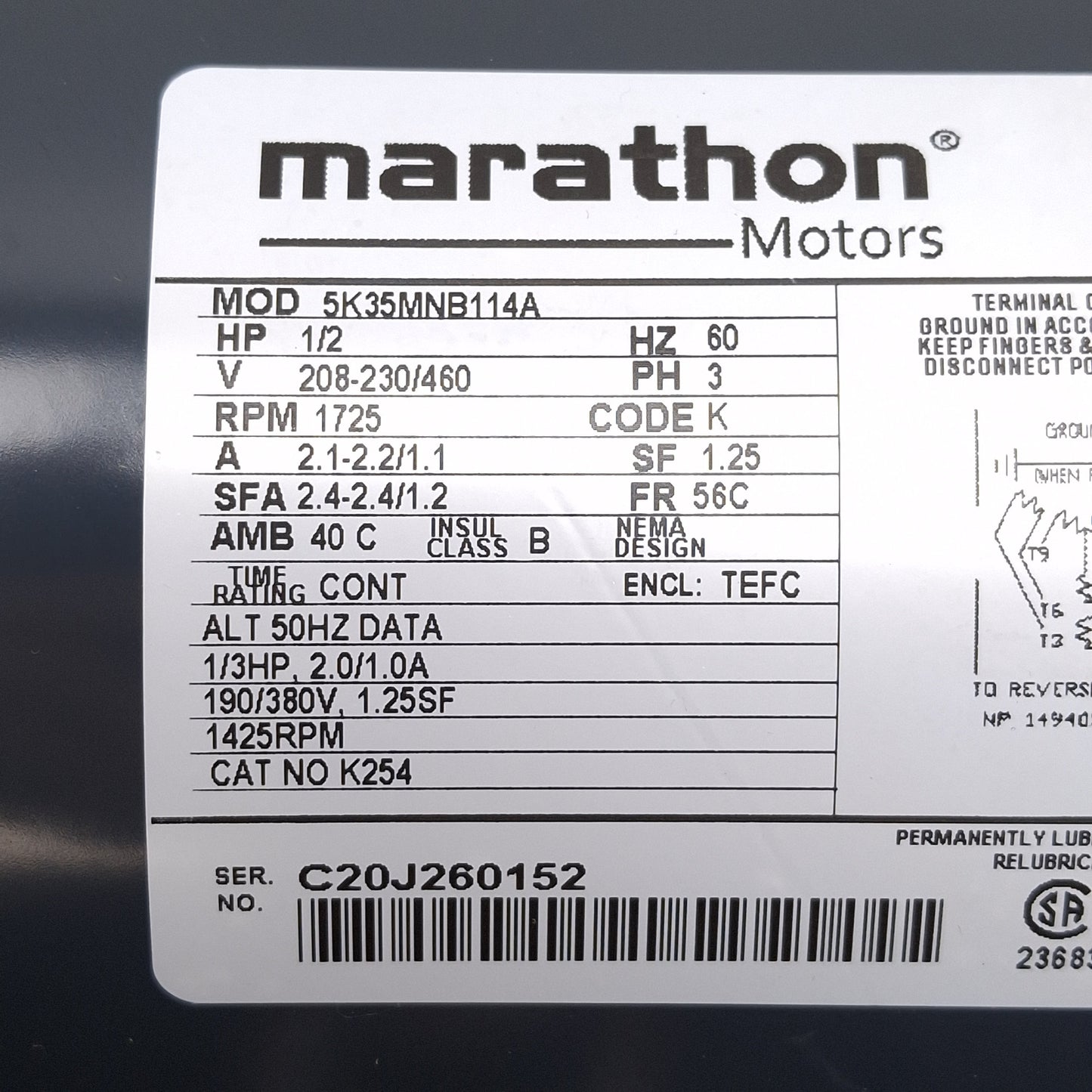 New Marathon 5K35MNB114A AC Motor, 1/2HP, 3Ø 208-230/460VAC, 1725rpm, 56C Frame