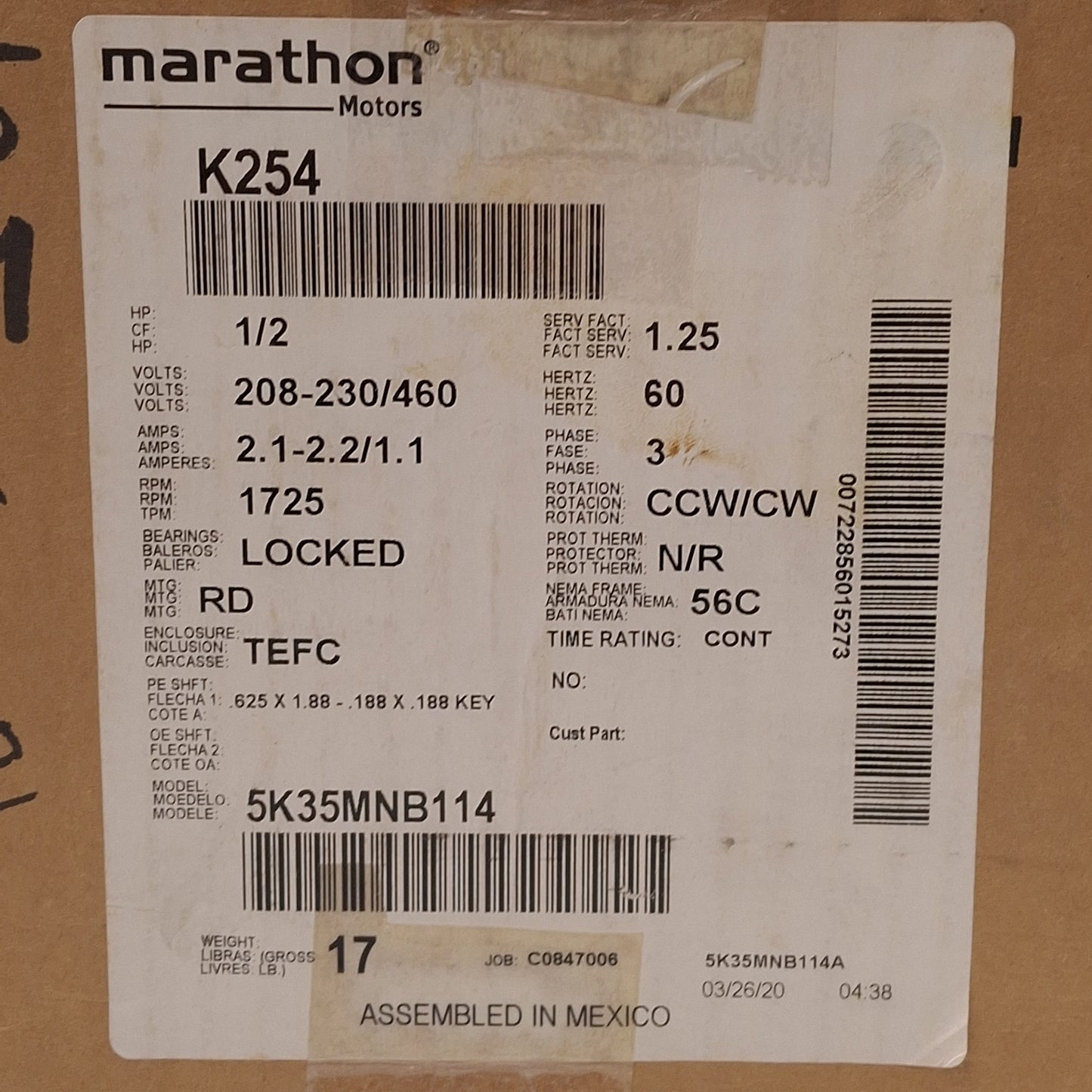New Marathon 5K35MNB114A AC Motor, 1/2HP, 3Ø 208-230/460VAC, 1725rpm, 56C Frame